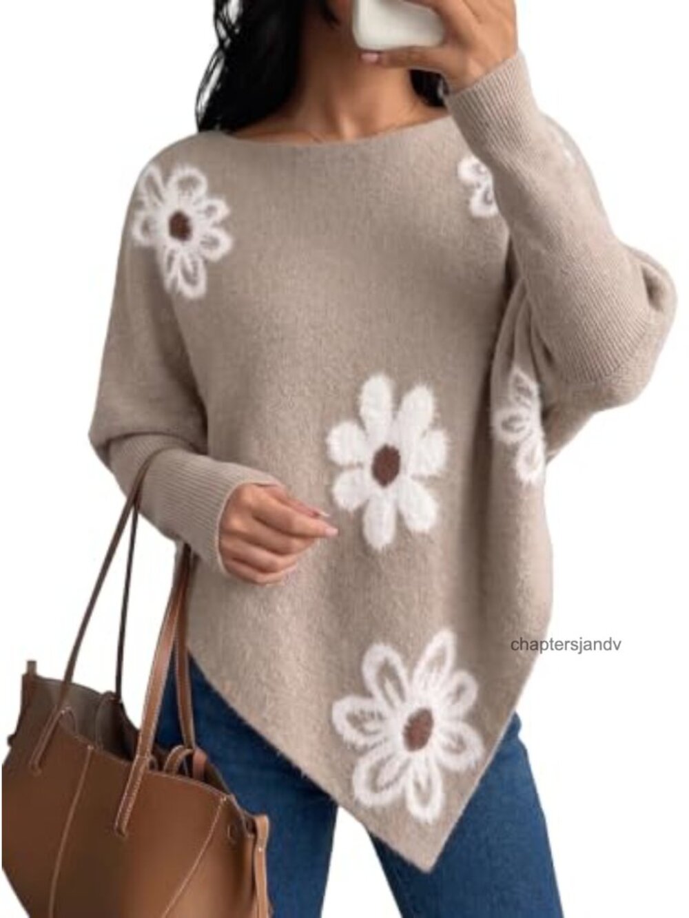 Women's Oversized Floral Knit Poncho Sweater Asymmetrical Batwing Pullover
